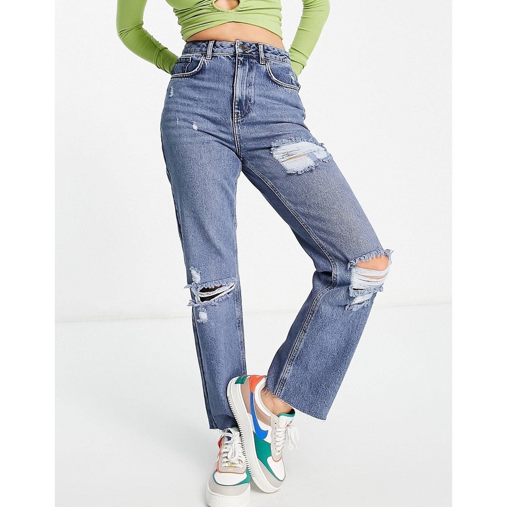 ASOS NA-KD Straight Leg Ripped Jeans in Light Blue